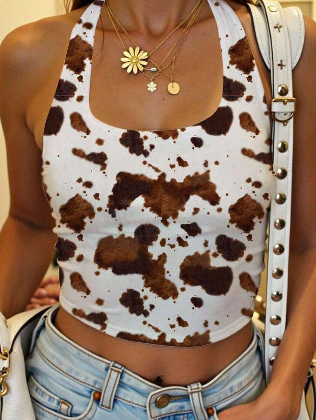 Women's Casual Black Halter Top, Ocean Elements Prints: Hibiscus Flower, Shell, Starfish, Suitable For Summer - Luxe Ladies Moda