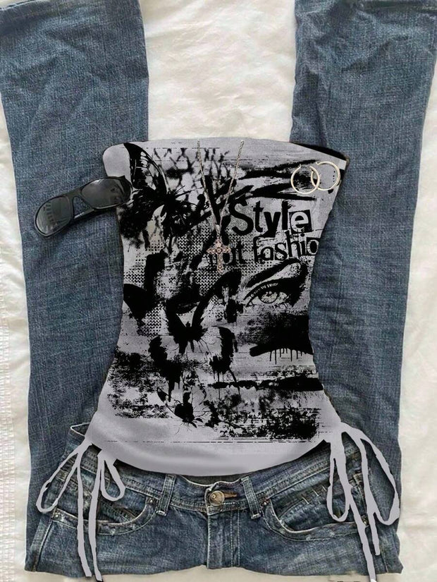 Butterfly Wing Retro Punk Pattern, Music Festival, Y2K Style, Women's Casual Boho Vacation Halter Top With Ruched Tie Goth Top Butterfly Top Black Concert Top Gothic Summer Clothes Black Rhinestone Top Back To School - Luxe Ladies Moda