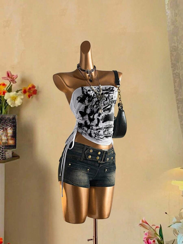 Butterfly Wing Retro Punk Pattern, Music Festival, Y2K Style, Women's Casual Boho Vacation Halter Top With Ruched Tie Goth Top Butterfly Top Black Concert Top Gothic Summer Clothes Black Rhinestone Top Back To School - Luxe Ladies Moda