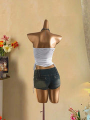 Butterfly Wing Retro Punk Pattern, Music Festival, Y2K Style, Women's Casual Boho Vacation Halter Top With Ruched Tie Goth Top Butterfly Top Black Concert Top Gothic Summer Clothes Black Rhinestone Top Back To School - Luxe Ladies Moda