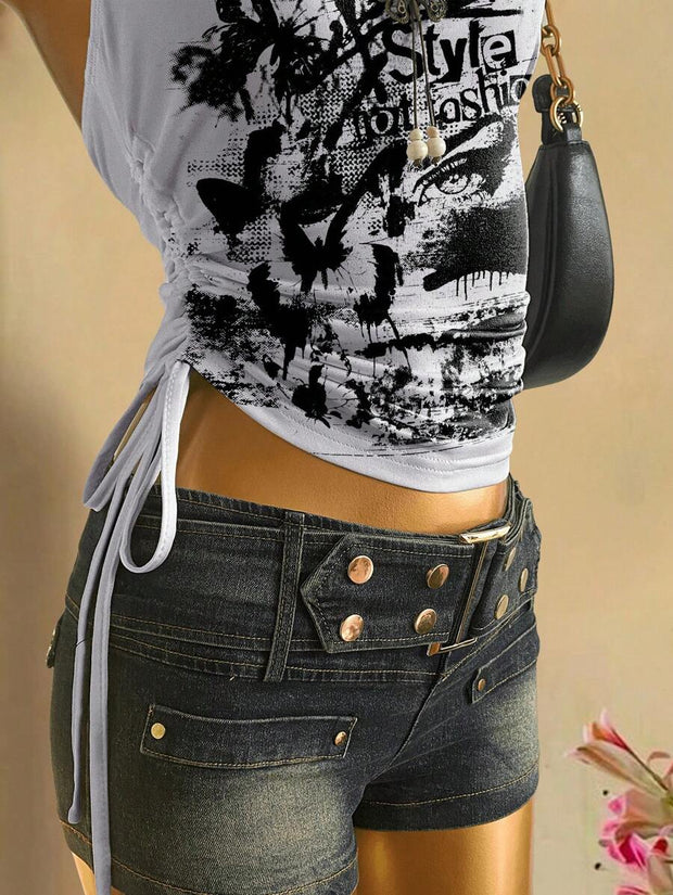 Butterfly Wing Retro Punk Pattern, Music Festival, Y2K Style, Women's Casual Boho Vacation Halter Top With Ruched Tie Goth Top Butterfly Top Black Concert Top Gothic Summer Clothes Black Rhinestone Top Back To School - Luxe Ladies Moda
