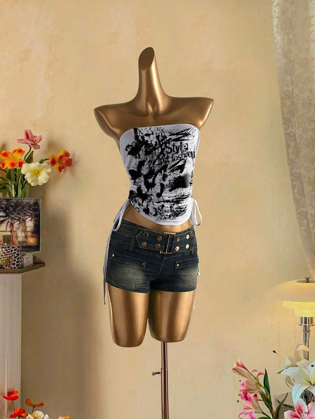 Butterfly Wing Retro Punk Pattern, Music Festival, Y2K Style, Women's Casual Boho Vacation Halter Top With Ruched Tie Goth Top Butterfly Top Black Concert Top Gothic Summer Clothes Black Rhinestone Top Back To School - Luxe Ladies Moda