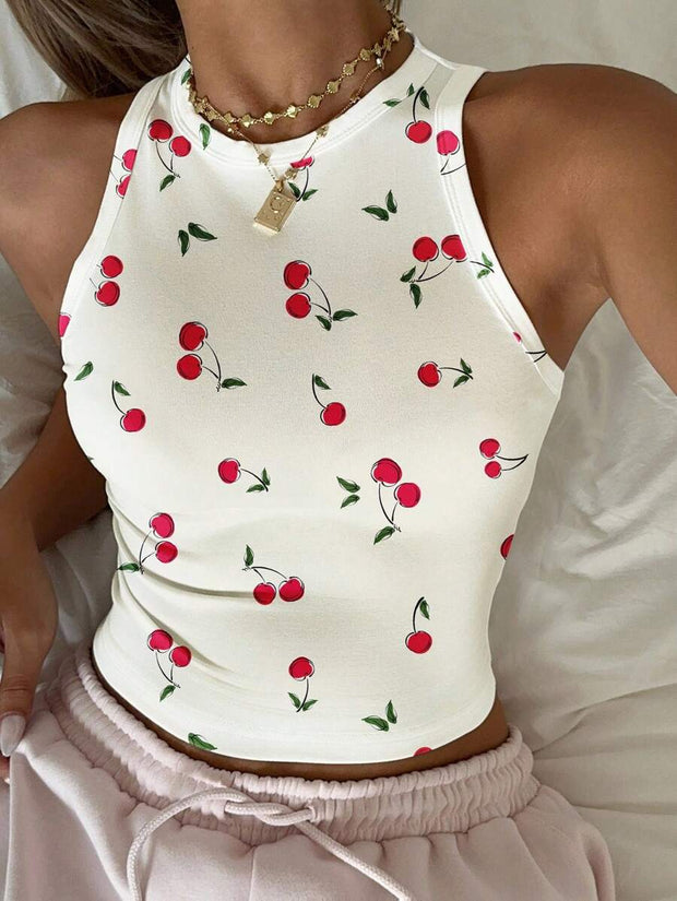 Cherry Print Casual Tight Fit Round Neck Tank Top For Women, Cute & Sweet, Suitable For Loungewear, Vacation, Summer - Luxe Ladies Moda