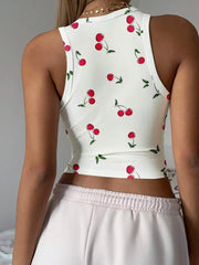 Cherry Print Casual Tight Fit Round Neck Tank Top For Women, Cute & Sweet, Suitable For Loungewear, Vacation, Summer - Luxe Ladies Moda