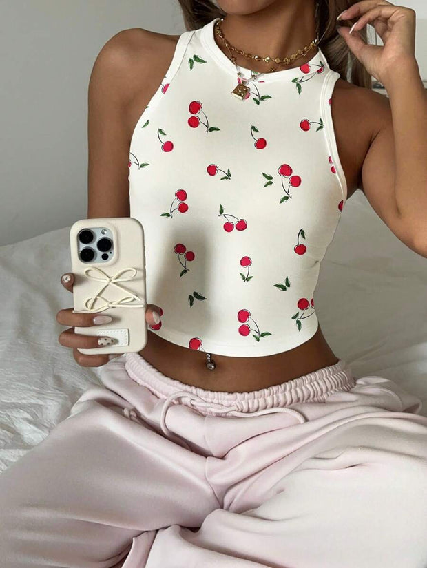 Cherry Print Casual Tight Fit Round Neck Tank Top For Women, Cute & Sweet, Suitable For Loungewear, Vacation, Summer - Luxe Ladies Moda