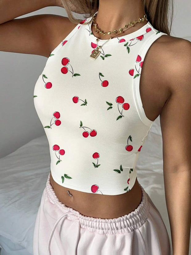 Cherry Print Casual Tight Fit Round Neck Tank Top For Women, Cute & Sweet, Suitable For Loungewear, Vacation, Summer - Luxe Ladies Moda