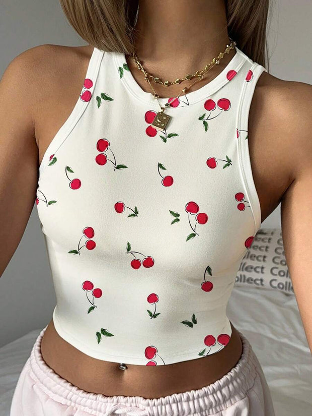 Cherry Print Casual Tight Fit Round Neck Tank Top For Women, Cute & Sweet, Suitable For Loungewear, Vacation, Summer - Luxe Ladies Moda