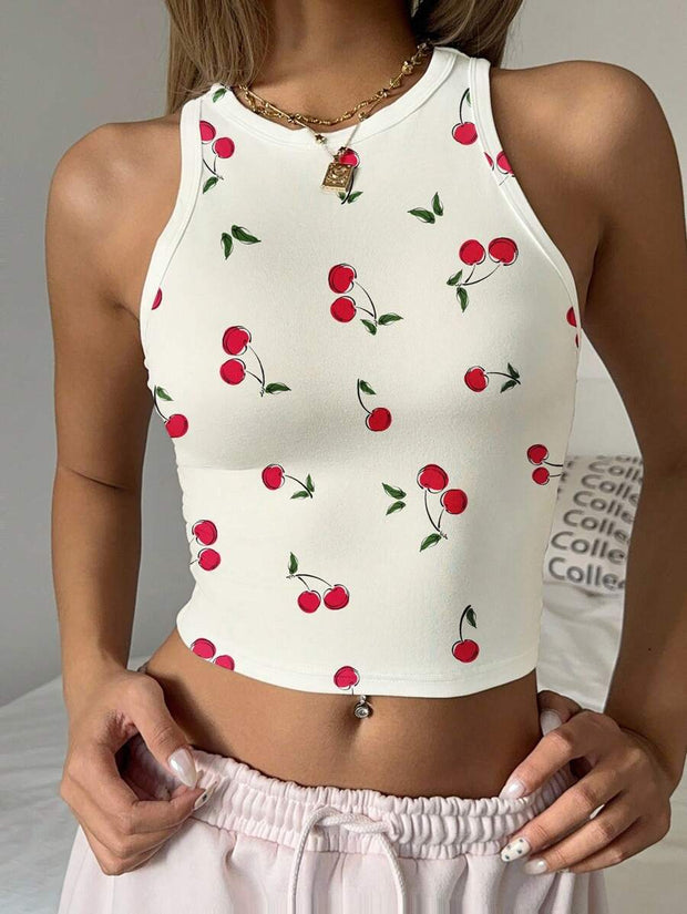 Cherry Print Casual Tight Fit Round Neck Tank Top For Women, Cute & Sweet, Suitable For Loungewear, Vacation, Summer - Luxe Ladies Moda