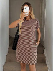 Striped Print Round Neck Patch Pocket Summer Short Sleeve Dress,Summer Dresses For Women - Luxe Ladies Moda