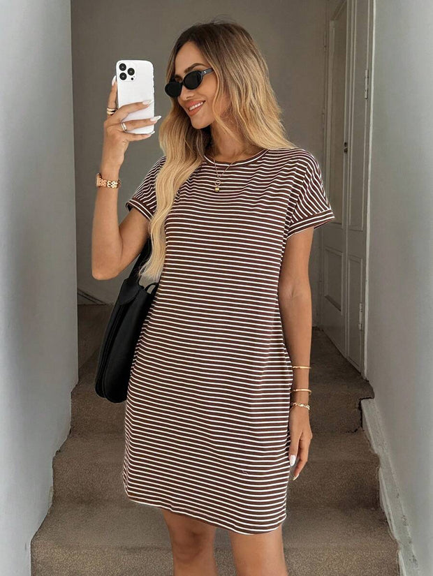 Striped Print Round Neck Patch Pocket Summer Short Sleeve Dress,Summer Dresses For Women - Luxe Ladies Moda