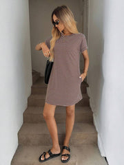 Striped Print Round Neck Patch Pocket Summer Short Sleeve Dress,Summer Dresses For Women - Luxe Ladies Moda
