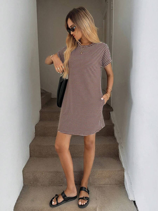 Striped Print Round Neck Patch Pocket Summer Short Sleeve Dress,Summer Dresses For Women - Luxe Ladies Moda