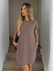 Striped Print Round Neck Patch Pocket Summer Short Sleeve Dress,Summer Dresses For Women - Luxe Ladies Moda