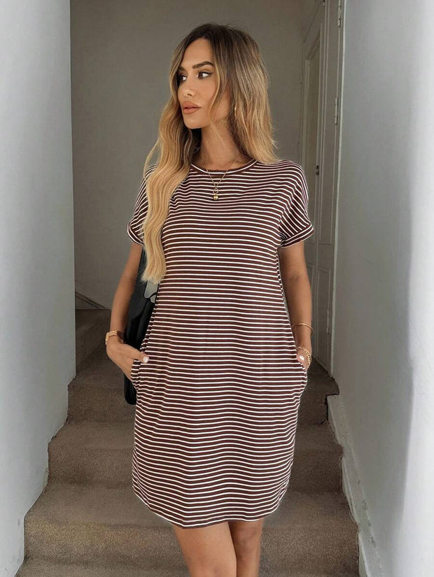 Striped Print Round Neck Patch Pocket Summer Short Sleeve Dress,Summer Dresses For Women - Luxe Ladies Moda