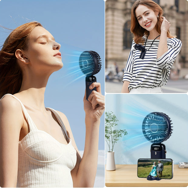 Portable Mini Handheld Fan - 5000mAh USB Rechargeable, Touch Control, 5-Speed Foldable Fan, LED Display, For Home, Office, Outdoor Hand Held/Desk/Neck Fan 3 In 1 Mini Fan With Base - Luxe Ladies Moda