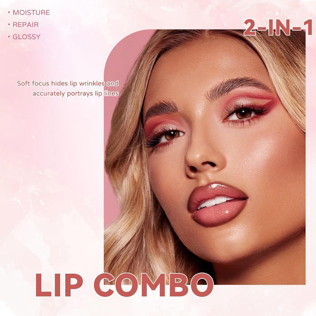 Gradient Lip Liner and Gloss Lip Combo Set, Long Lasting Light Brown Matte Lipstick Crayon Lip Liner Pencil, Hydrating Plumping Shiny Nude Tinted Lip Gloss Makeup
