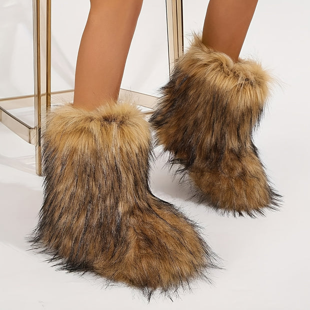Cozy Leopard Print Faux Fur Winter Boots for Women - Fluffy & Warm Snow Booties with Soft Rubber Sole, Round Toe Design, Fashionable Outdoor Footwear, Girls, Flat - Luxe Ladies Moda