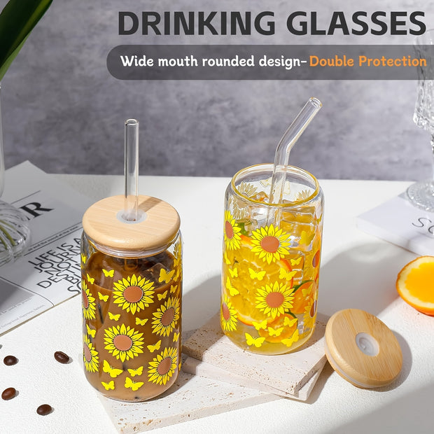 4PS Sunflower Printed Glass With Lid And Straw 16OZ Coffee Mugs, Drinking Mugs 4-Piece Set For Coffee, Milk Tea, Juice, Beer Mugs, Gift Mugs - Luxe Ladies Moda