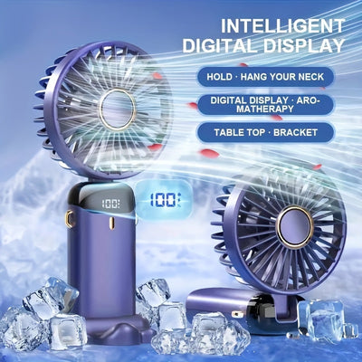 Portable Mini Handheld Fan - 5000mAh USB Rechargeable, Touch Control, 5-Speed Foldable Fan, LED Display, For Home, Office, Outdoor Hand Held/Desk/Neck Fan 3 In 1 Mini Fan With Base - Luxe Ladies Moda