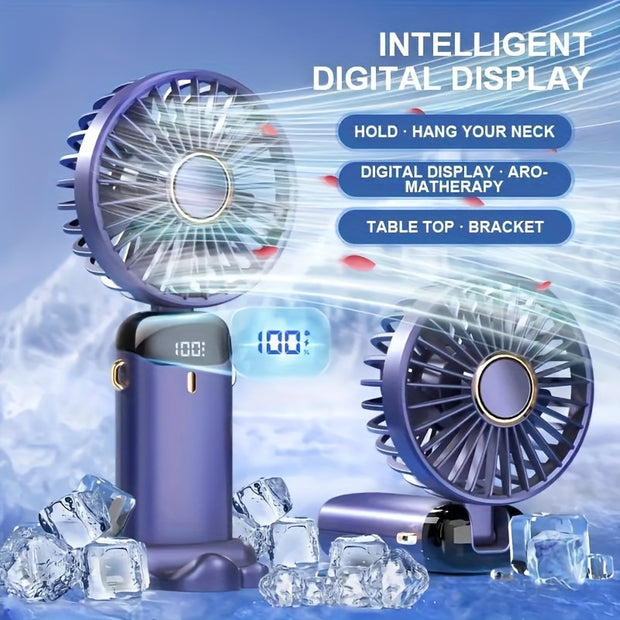 Portable Mini Handheld Fan - 5000mAh USB Rechargeable, Touch Control, 5-Speed Foldable Fan, LED Display, For Home, Office, Outdoor Hand Held/Desk/Neck Fan 3 In 1 Mini Fan With Base - Luxe Ladies Moda