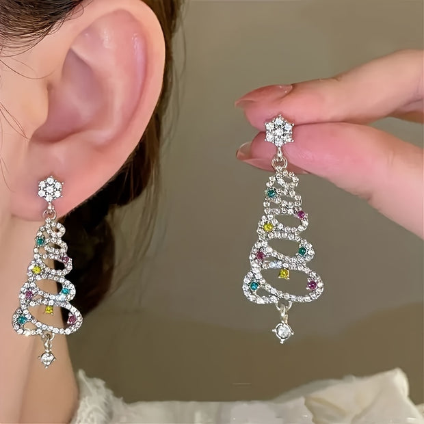 Luxurious 925 Sterling Silver Christmas Tree Drop Earrings – Dazzling Crystal Accents, Hypoallergenic, Nickel-Free