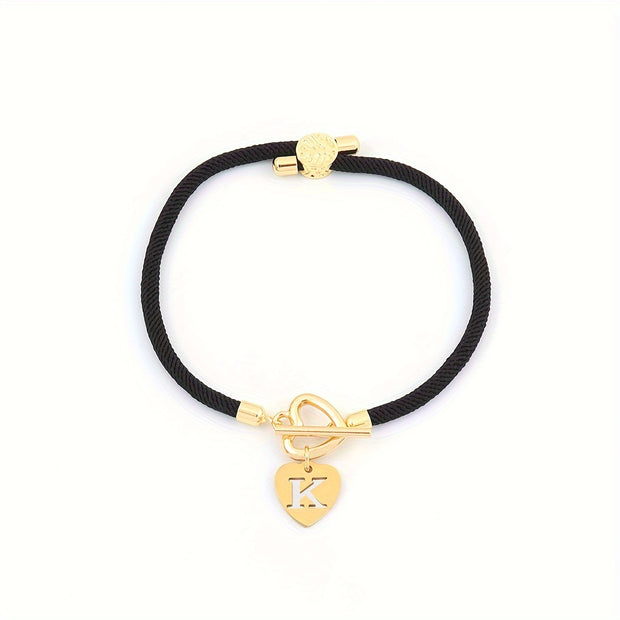 18K Gold Plated Initial Heart Charm Bracelet for Women, Classic Simple Adjustable Rope Stainless Steel Bangle, Daily Wear Jewelry – No Mosaic, Fits All Seasons - Luxe Ladies Moda