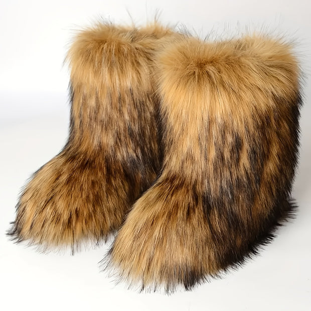Cozy Leopard Print Faux Fur Winter Boots for Women - Fluffy & Warm Snow Booties with Soft Rubber Sole, Round Toe Design, Fashionable Outdoor Footwear, Girls, Flat - Luxe Ladies Moda