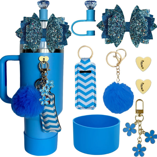 8pcs Water Cup Accessories Set with Glitter Bow Decoration, Diamond Straw Hat, Pompom Flower Pendant, Lipstick Bag