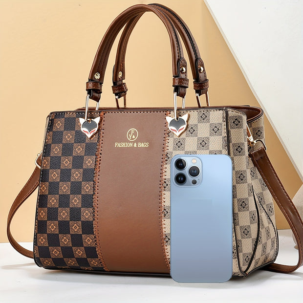 New versatile color blocking high-capacity checkered printed handbag - Luxe Ladies Moda