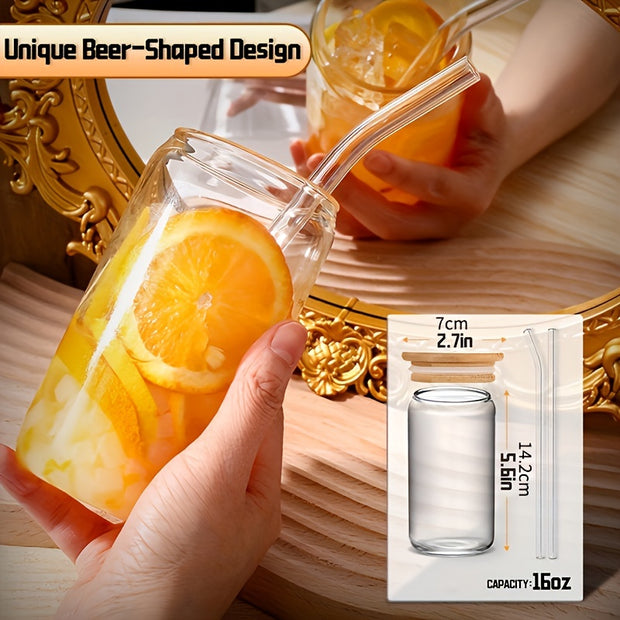 4Pcs Drinking Glasses with Bamboo Lids and Glass Straw - 16 Oz Can Shaped Glass Cups for Beer, Ice Coffee, Cute Tumbler Cup Great for Soda Boba Tea Cocktail Include 2 Cleaning Brushes - Luxe Ladies Moda