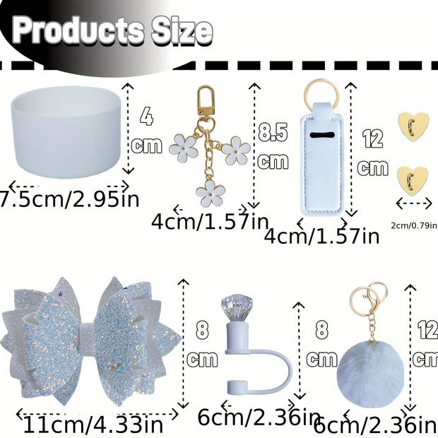 8pcs Water Cup Accessories Set with Glitter Bow Decoration, Diamond Straw Hat, Pompom Flower Pendant, Lipstick Bag