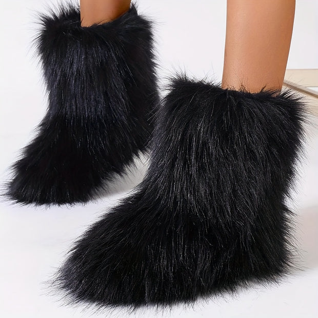 Cozy Leopard Print Faux Fur Winter Boots for Women - Fluffy & Warm Snow Booties with Soft Rubber Sole, Round Toe Design, Fashionable Outdoor Footwear, Girls, Flat - Luxe Ladies Moda