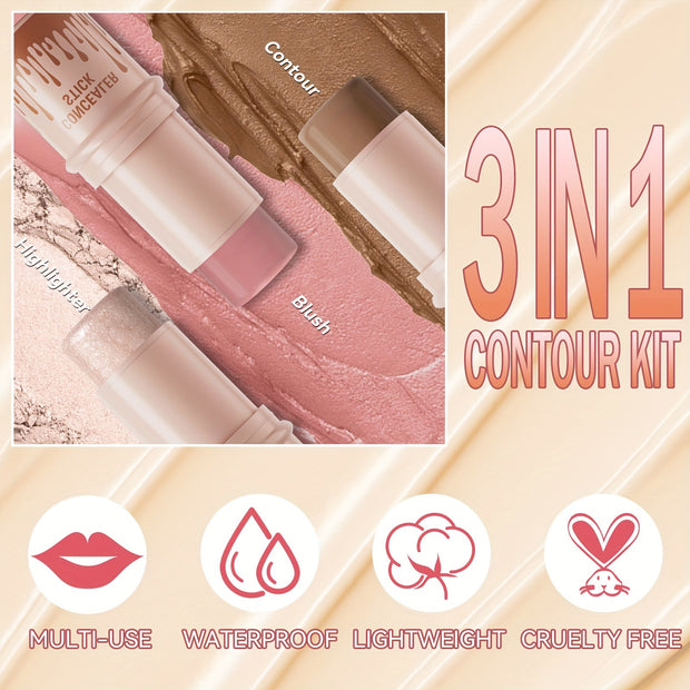 3Pcs Contour Stick, Blush Stick, Highlighter Stick, Bronzer Stick, 3 Pcs Cream Contour Kit With Brush For A Flawless Look, Contour Stick Makeup Non-Greasy Waterproof, Long-lasting Fair-Medium - Luxe Ladies Moda