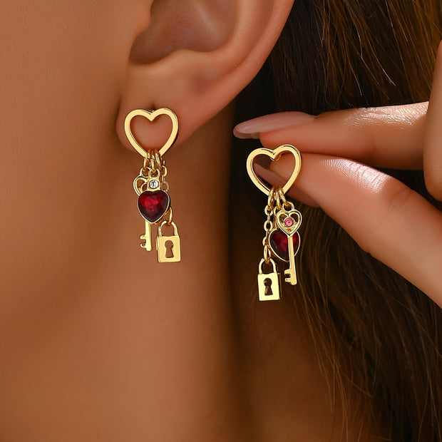 14K Gold Plated Heart & Lock Love Key Drop Earrings with Red Glass Charm - Elegant Copper Dangle Earrings with Stainless Steel Ear Needle for Women - Versatile Daily Wear Jewelry - Luxe Ladies Moda