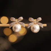 Chic Vintage-Inspired Bow & Faux Pearl Stud Earrings with Sparkling Rhinestones - Perfect for Parties & Festivals - Luxe Ladies Moda