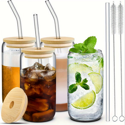 4Pcs Drinking Glasses with Bamboo Lids and Glass Straw - 16 Oz Can Shaped Glass Cups for Beer, Ice Coffee, Cute Tumbler Cup Great for Soda Boba Tea Cocktail Include 2 Cleaning Brushes - Luxe Ladies Moda