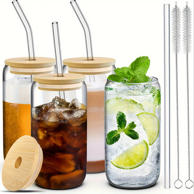 4Pcs Drinking Glasses with Bamboo Lids and Glass Straw - 16 Oz Can Shaped Glass Cups for Beer, Ice Coffee, Cute Tumbler Cup Great for Soda Boba Tea Cocktail Include 2 Cleaning Brushes - Luxe Ladies Moda