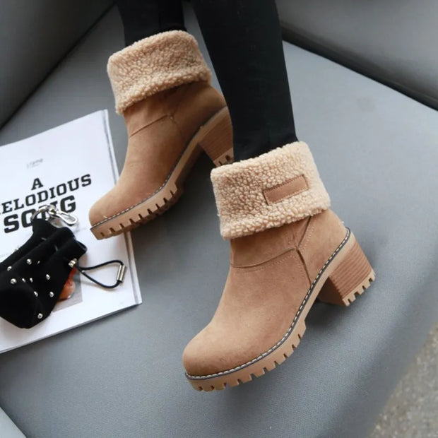 Womens Boots Female Winter Shoes Fur Snow Boots Warm Plush Women'S Shoes Square High Heel Ankle Boots Black Botas De Mujer - Luxe Ladies Moda