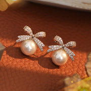 Chic Vintage-Inspired Bow & Faux Pearl Stud Earrings with Sparkling Rhinestones - Perfect for Parties & Festivals - Luxe Ladies Moda