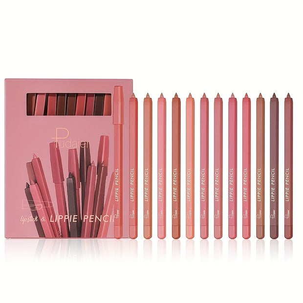 Pudaier 12 Pcs Lippie Pencil Waterproof Sweatproof Lip Liner Easy Coloring Non-fading Color Rendering Lip Makeup Set - Luxe Ladies Moda
