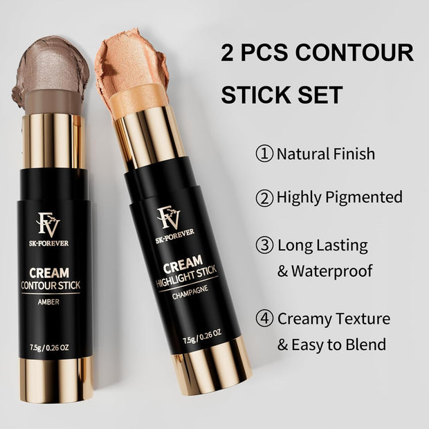 Contour and Highlighter Stick, Highly Pigmented & Blendable, Long Lasting & Creamy Texture, Waterproof, Natural Finish Contour Set for Face Sculpting, Travel-Friendly, 01 Amber & 03 Champagne