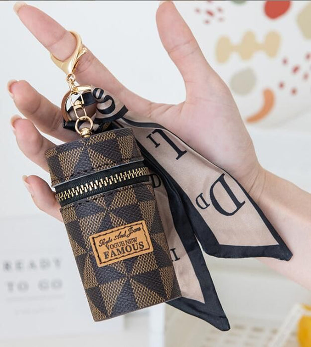 Designer Keychain Letter Key Lipstick Keychains Fashion PU Leather Purse Pendant Car Keyring Chain Charm Brown Flower Mini Bag Trinket Gift for Men Women - Luxe Ladies Moda
