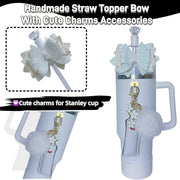 8pcs Water Cup Accessories Set with Glitter Bow Decoration, Diamond Straw Hat, Pompom Flower Pendant, Lipstick Bag
