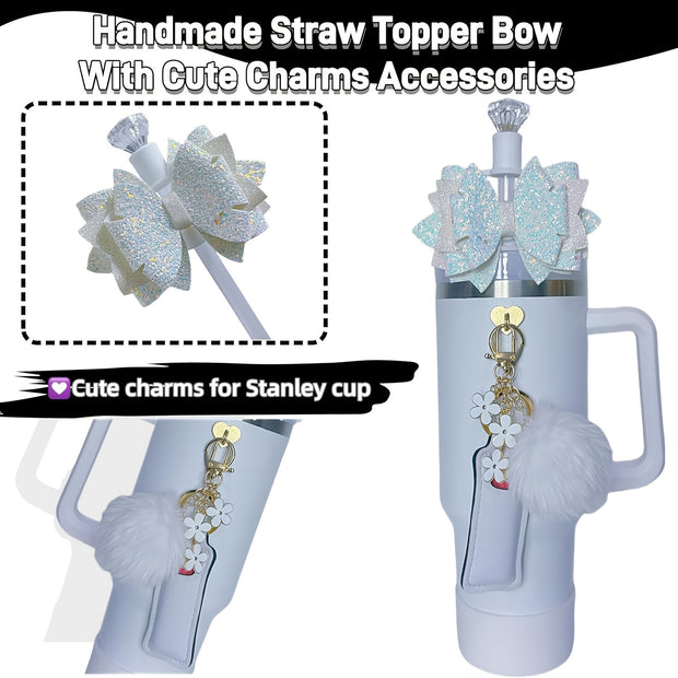 8pcs Water Cup Accessories Set with Glitter Bow Decoration, Diamond Straw Hat, Pompom Flower Pendant, Lipstick Bag