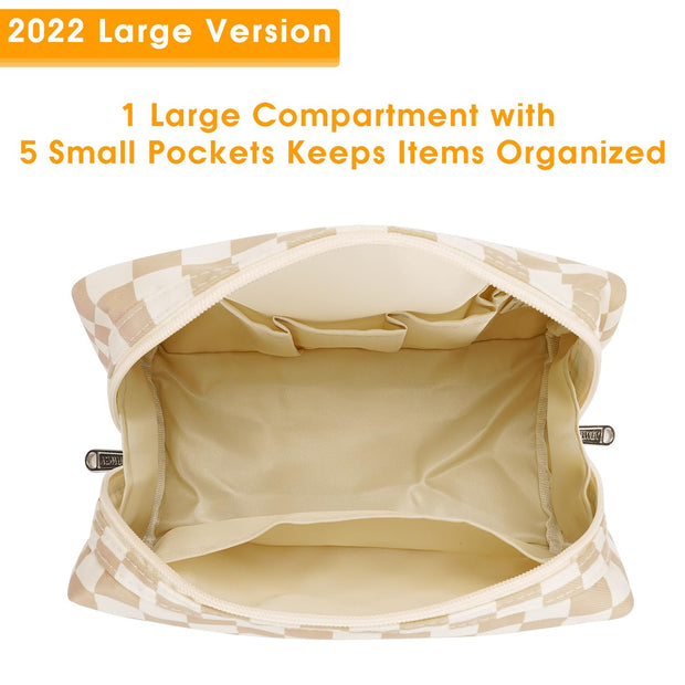Large Makeup Bag Zipper Pouch Travel Cosmetic Organizer for Women (Large, Light Checkerboard) - Luxe Ladies Moda