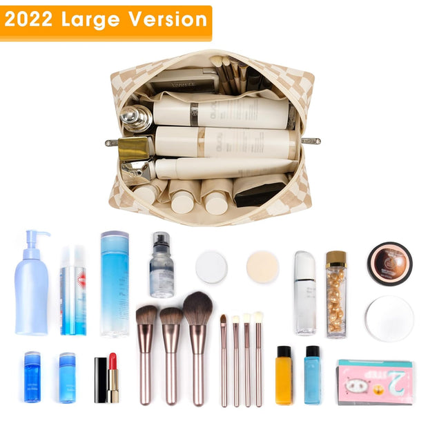 Large Makeup Bag Zipper Pouch Travel Cosmetic Organizer for Women (Large, Light Checkerboard) - Luxe Ladies Moda
