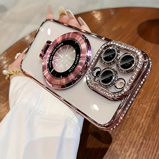 Luxury Bling Glitter Ring Bracket Magnetic Plating Phone Case For IPhone 15 14 13 12 11 Pro Max 15 Plus Kickstand Shockproof Soft Back Cove Accessories Protection - Luxe Ladies Moda