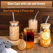 4Pcs Drinking Glasses with Bamboo Lids and Glass Straw - 16 Oz Can Shaped Glass Cups for Beer, Ice Coffee, Cute Tumbler Cup Great for Soda Boba Tea Cocktail Include 2 Cleaning Brushes - Luxe Ladies Moda