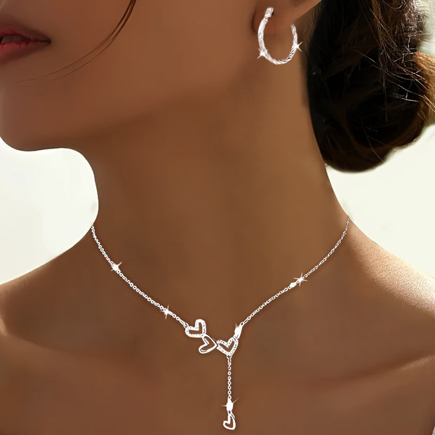 925 Pure Silvery Heart Tassel Necklace, Glittering Golden Clavicle Chain, Hypoallergenic 0.12oz, Perfect for Mother's Day, Valentine's Day, Wedding, Daily Accessories, Lovely and Luxurious Style - Luxe Ladies Moda