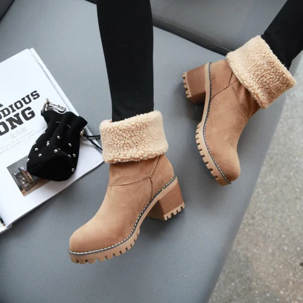 Womens Boots Female Winter Shoes Fur Snow Boots Warm Plush Women'S Shoes Square High Heel Ankle Boots Black Botas De Mujer - Luxe Ladies Moda